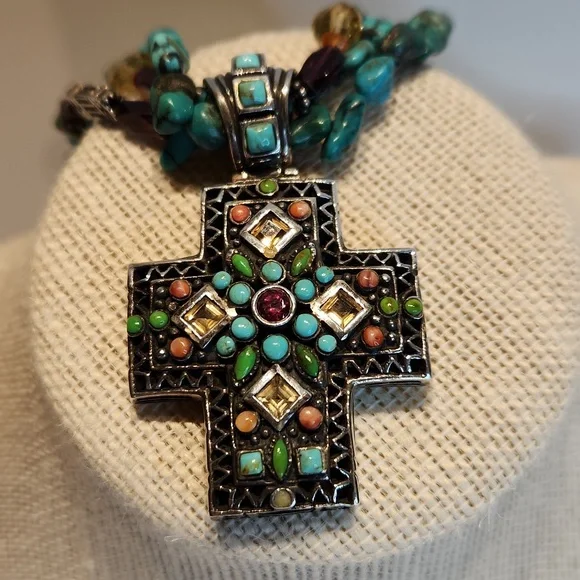 Vintage Sterling Silver and Turquoise Cross Necklace